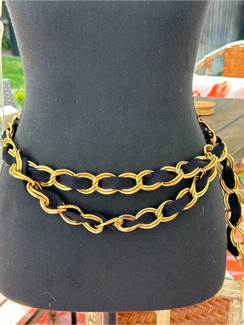 Couture style chunky gold tone and black textile woven chain belt